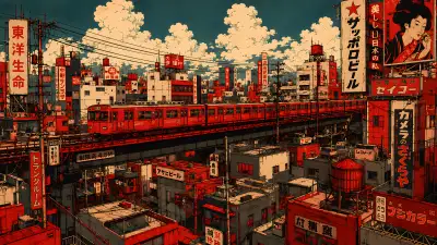 Retro Tokyo Cityscape Wallpaper – Vintage Showa Era Train & Neon Signs 4K