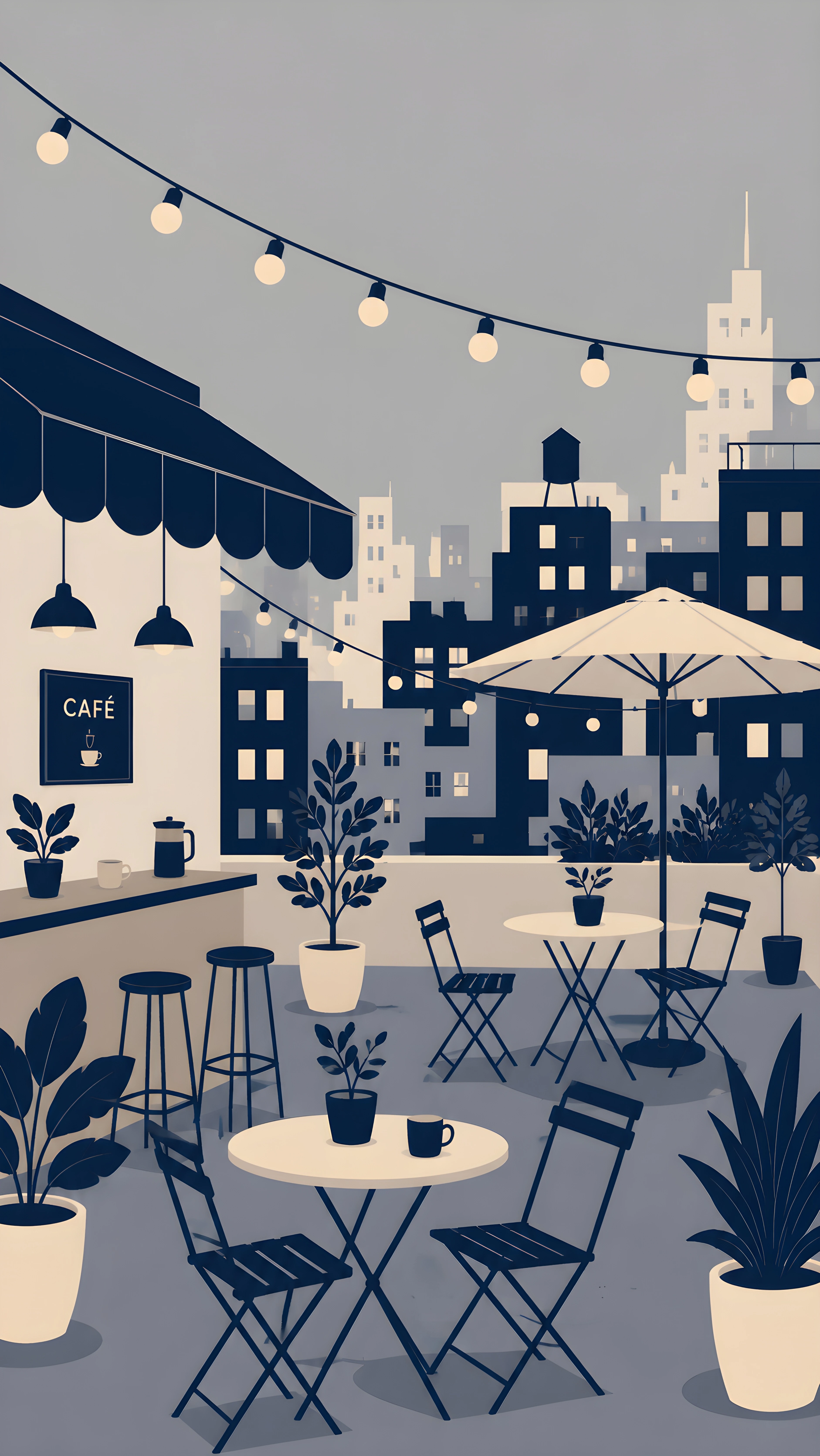 Rooftop Cafe with City Skyline – Minimal Night 4K Wallpaper