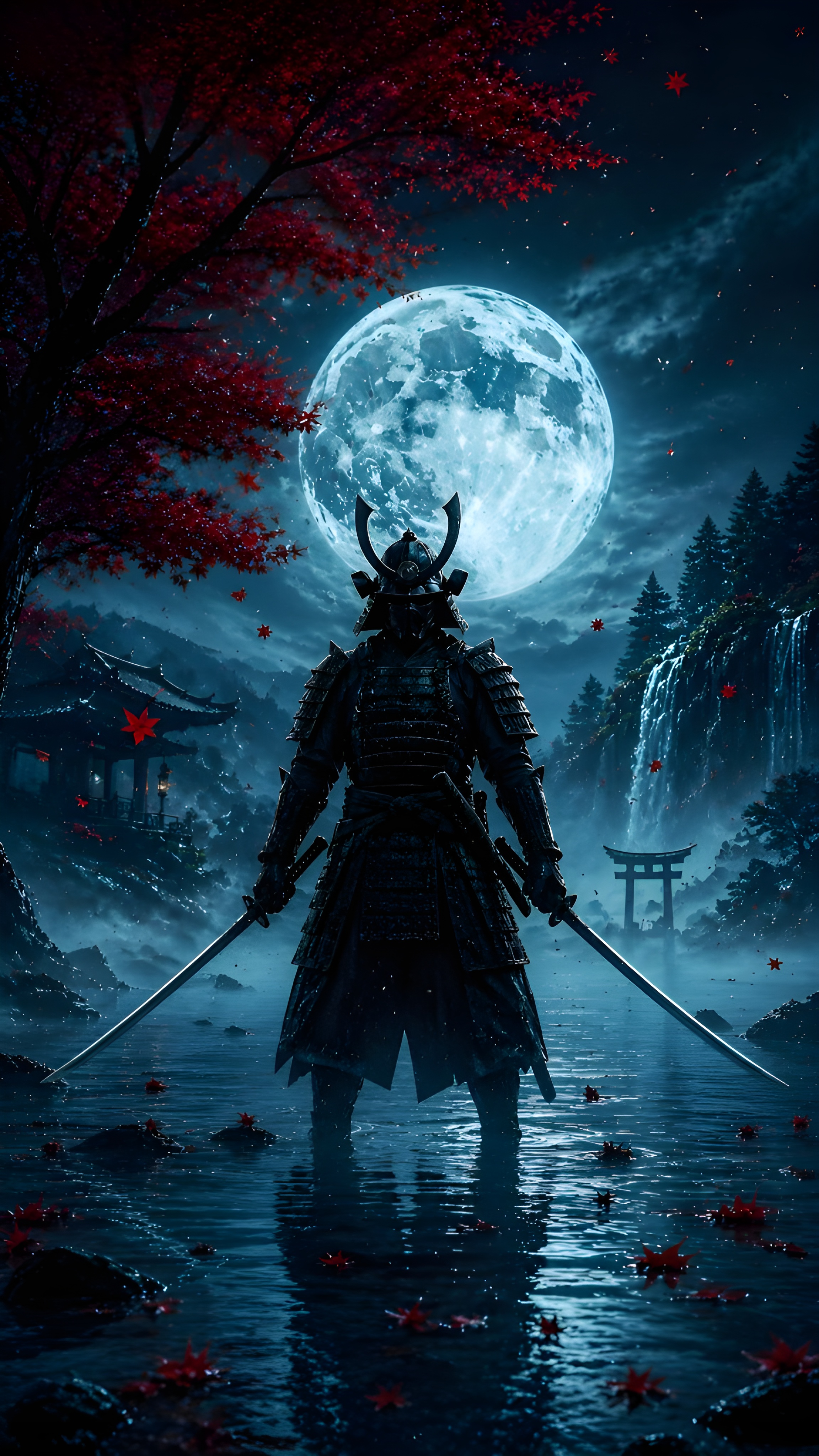 Samurai Moonlight 4K Wallpaper — Teal Blue Misty Lake