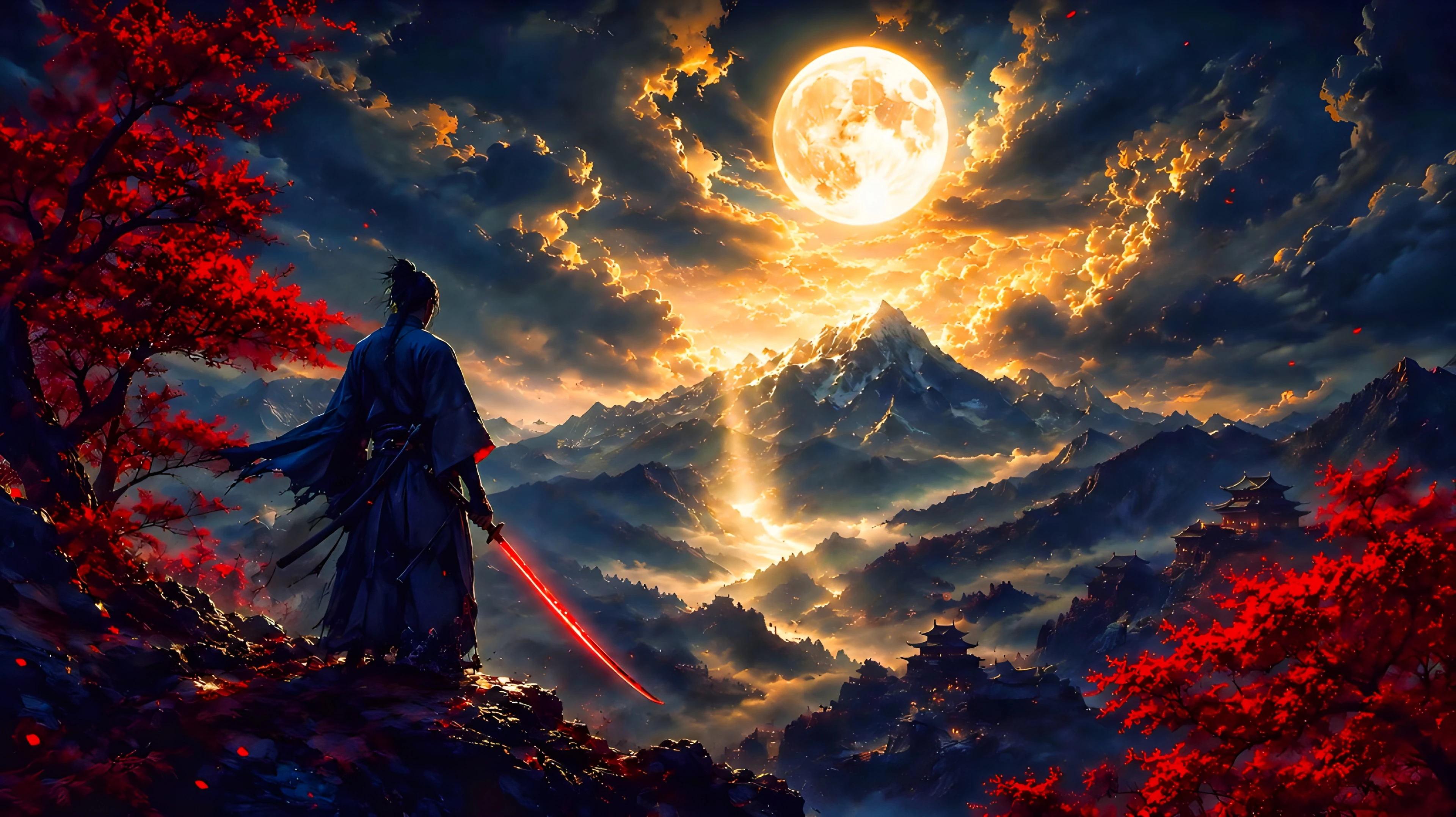 Samurai Red Blade Moonrise — Anime Mountain Landscape 4K Wallpaper 4K Wallpaper — WallNest HD AI