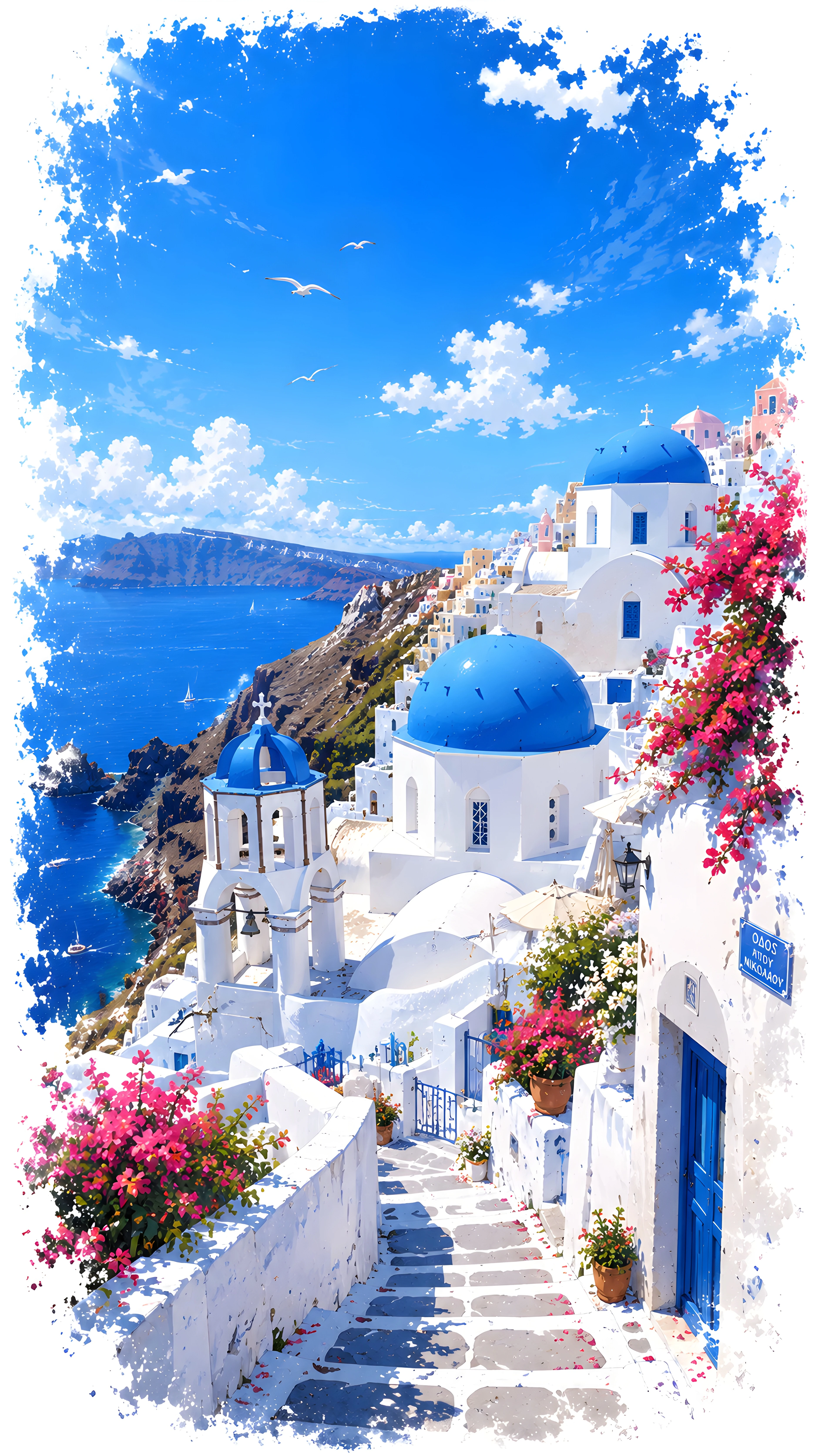 Santorini Blue Dome Church — Greek Island Cliffside 4K Watercolor Wallpaper