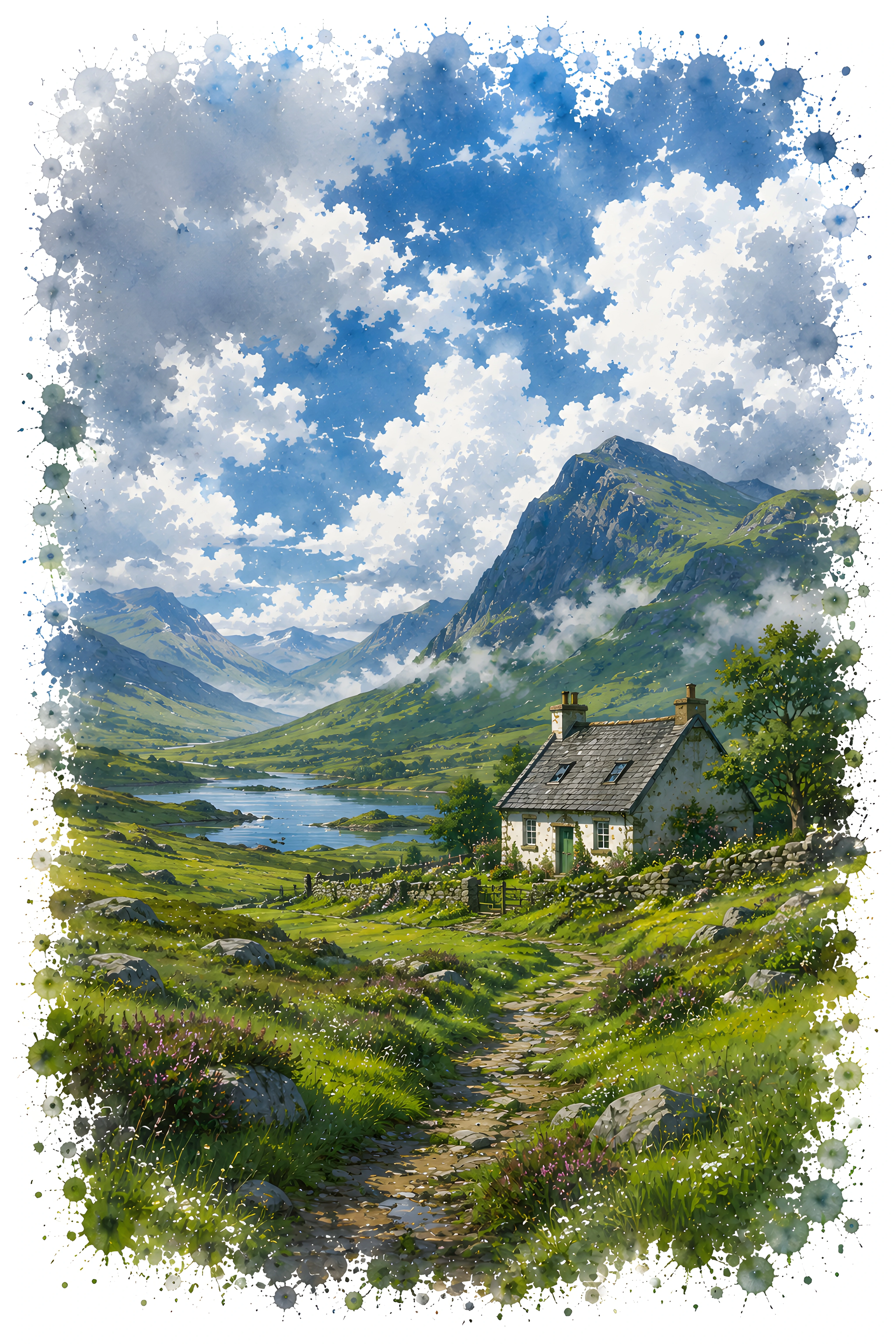 Scottish Highland Stone Cottage — Misty Valley Watercolor 4k Wallpaper