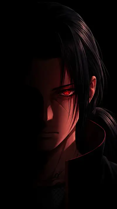 Sharingan Close-Up 4K Wallpaper – Itachi Uchiha Half-Face Dark Portrait