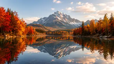 Snow Peak Autumn Lake Reflection 4K Wallpaper
