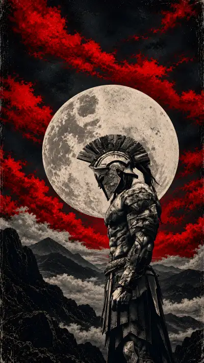 Spartan Warrior Sketch Art 4K Wallpaper — Red Sky Moon Phone Background
