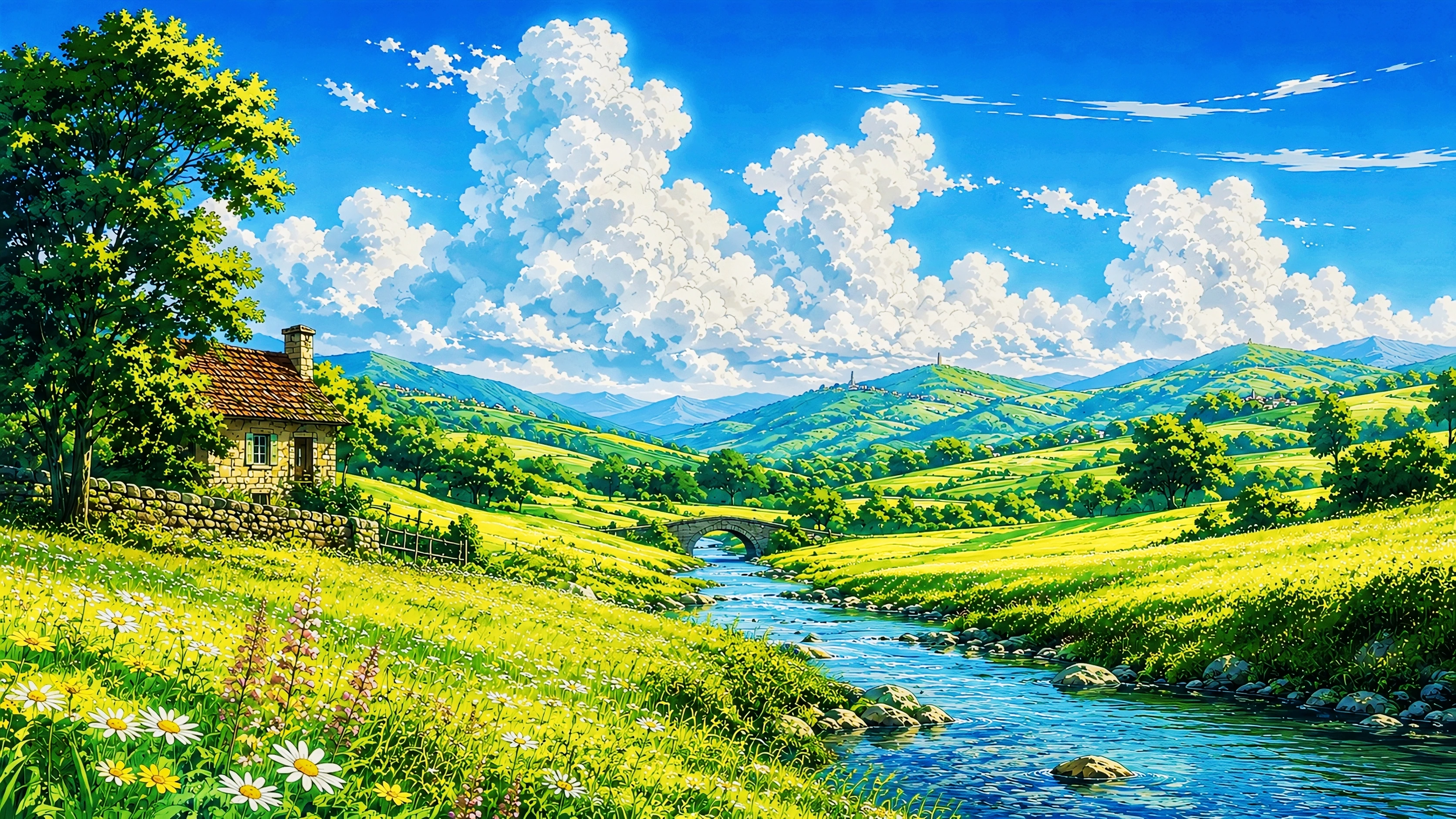 Studio Ghibli Style Countryside 4K Wallpaper — Summer Valley & River 4K Wallpaper — WallNest HD AI