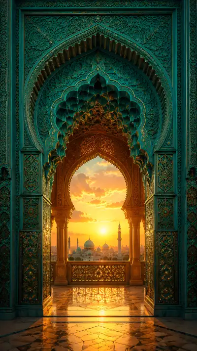 Teal Arch Sunset Skyline 4K Wallpaper – Indian Architecture City View