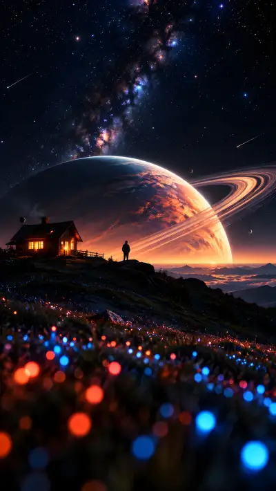 Tiny House Under a Giant Ringed Planet – Surreal Space Wallpaper 4K