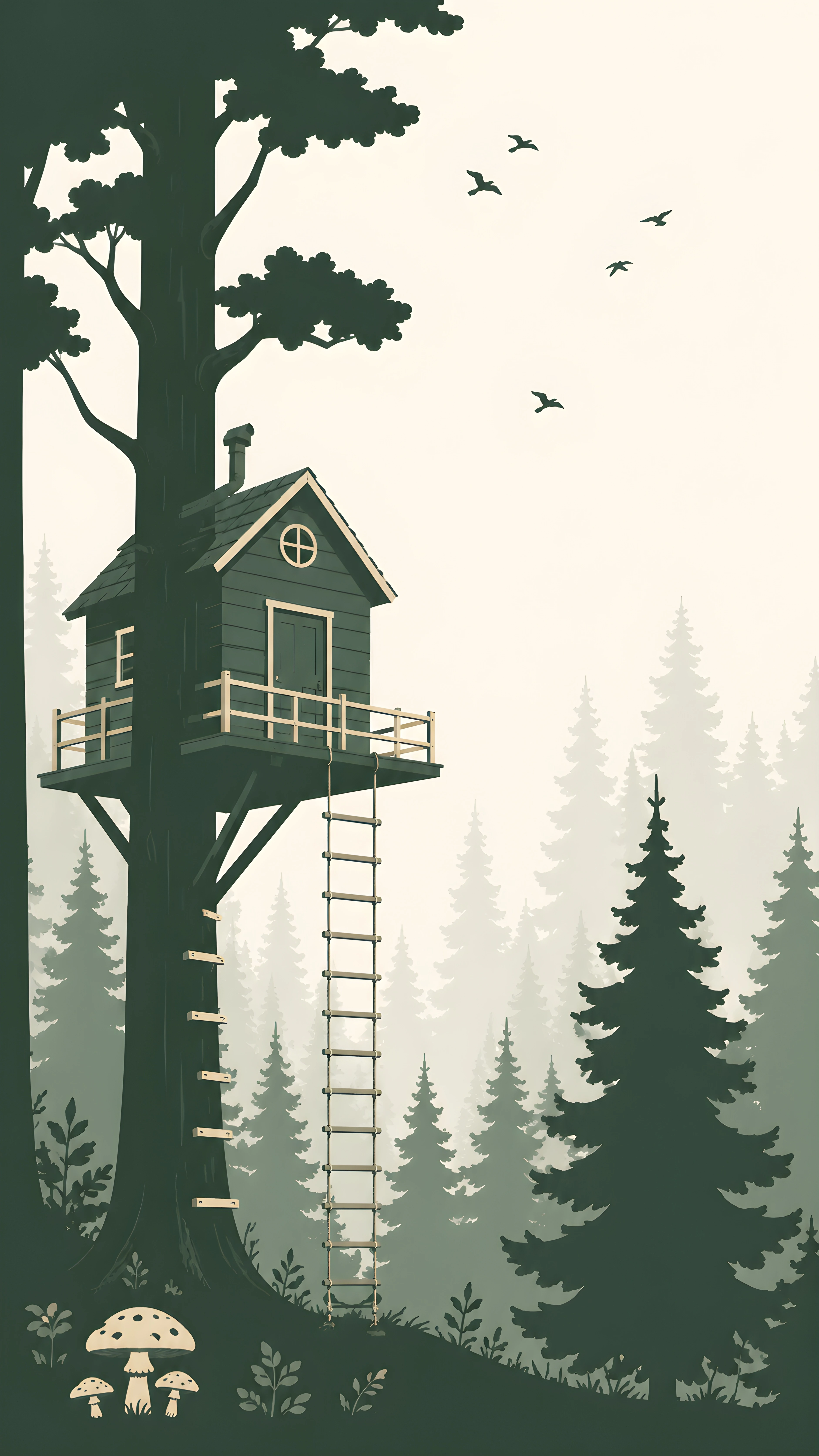 Treehouse in Misty Forest with Rope Ladder – Minimal 4K Wallpaper