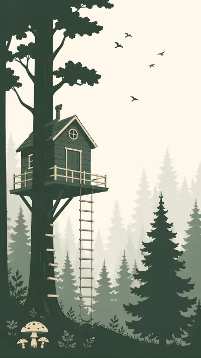 Treehouse in Misty Forest with Rope Ladder – Minimal 4K Wallpaper