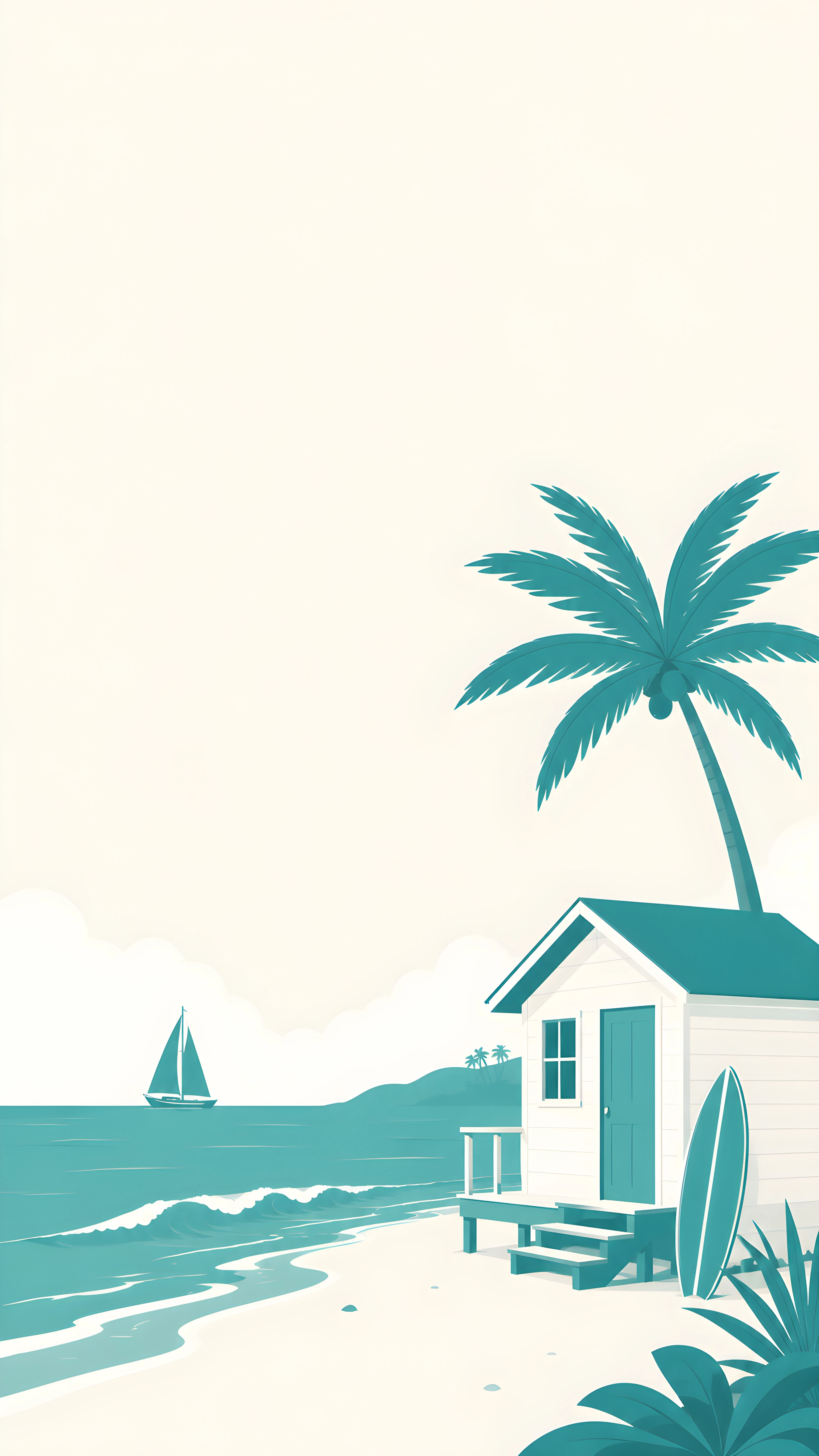 Tropical Beach Hut with Palm Tree – Minimal Teal 4K Wallpaper