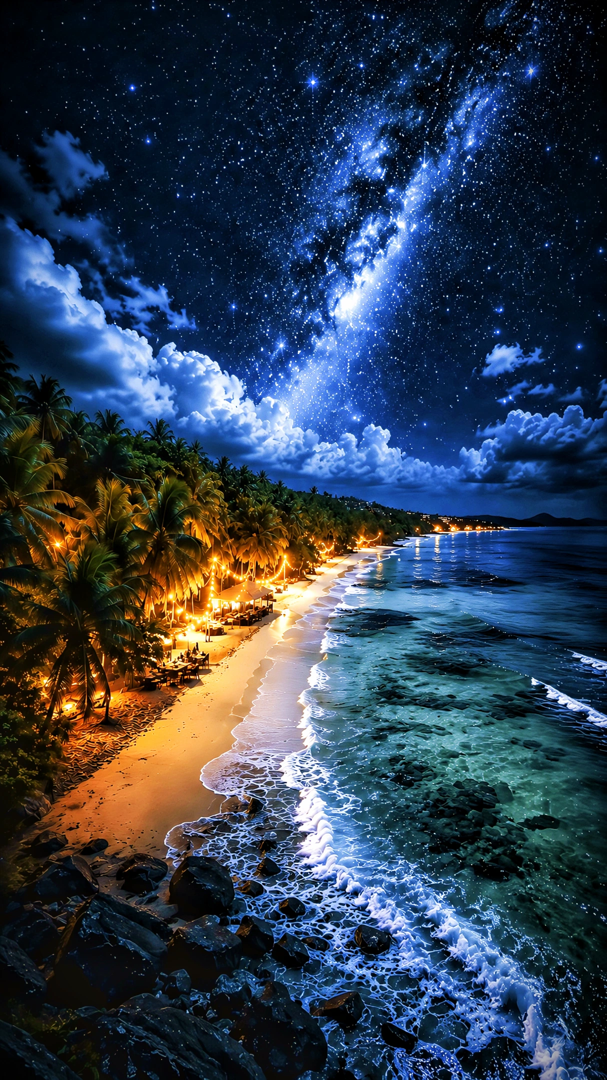 Tropical Beach Night Sky Wallpaper 4K | Milky Way Stars Over Palm Tree Beach 4K Wallpaper — WallNest HD AI