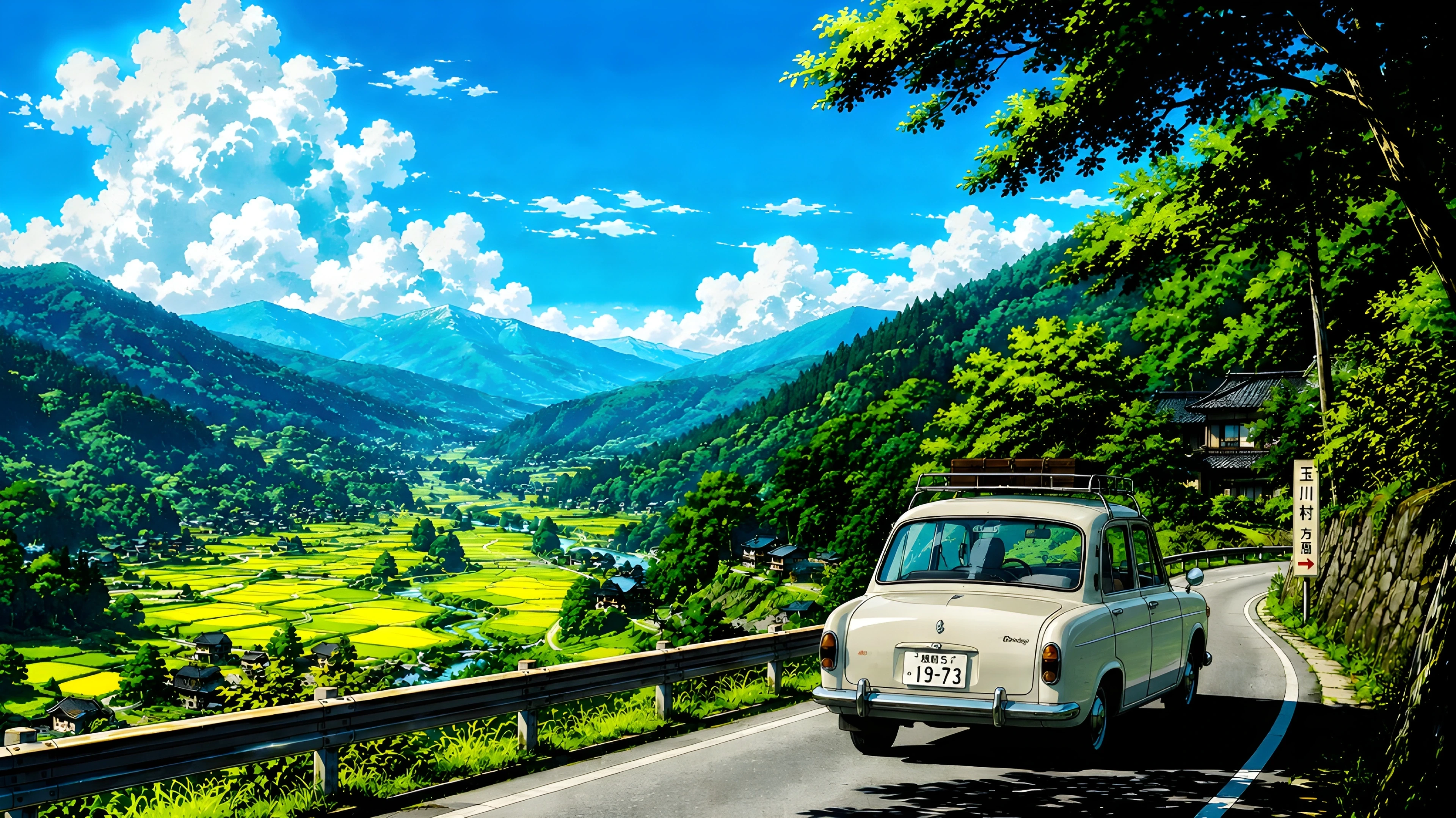 Vintage Car on Japanese Mountain Road – Ghibli Anime Landscape 4K Wallpaper