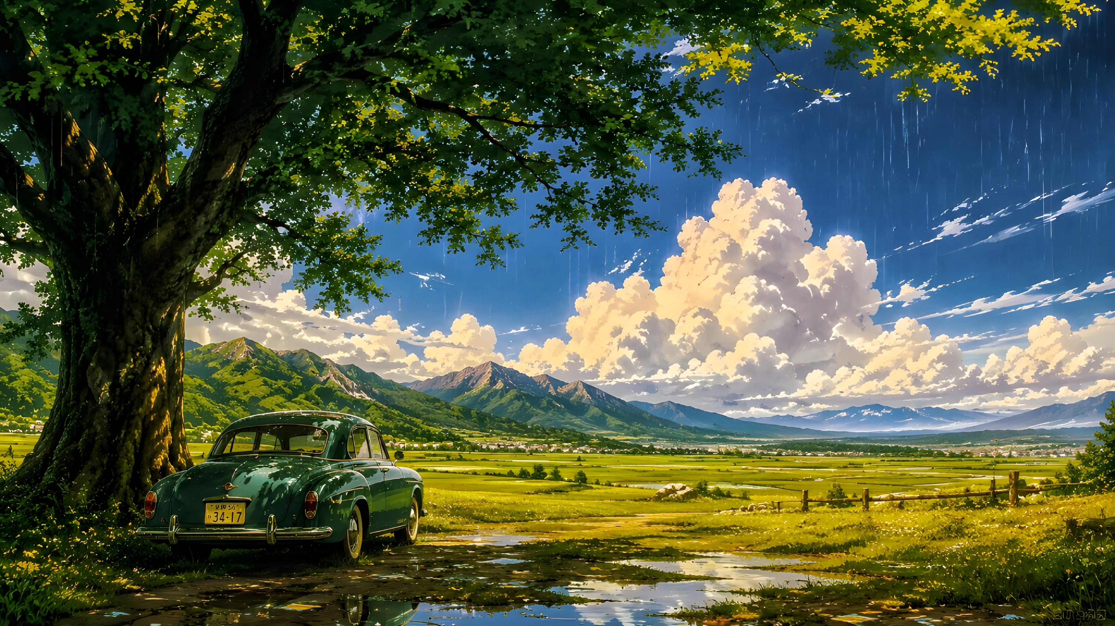 Vintage Car Under Tree in Summer Rain – Anime Ghibli Wallpaper 4K