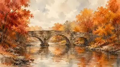 Watercolor Autumn Bridge 4K Wallpaper Aesthetic