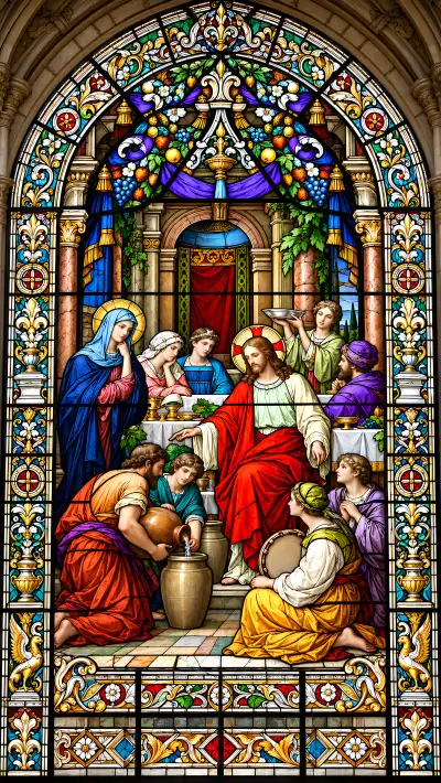 Wedding at Cana Stained Glass Wallpaper 4K – Jesus Church Window Art