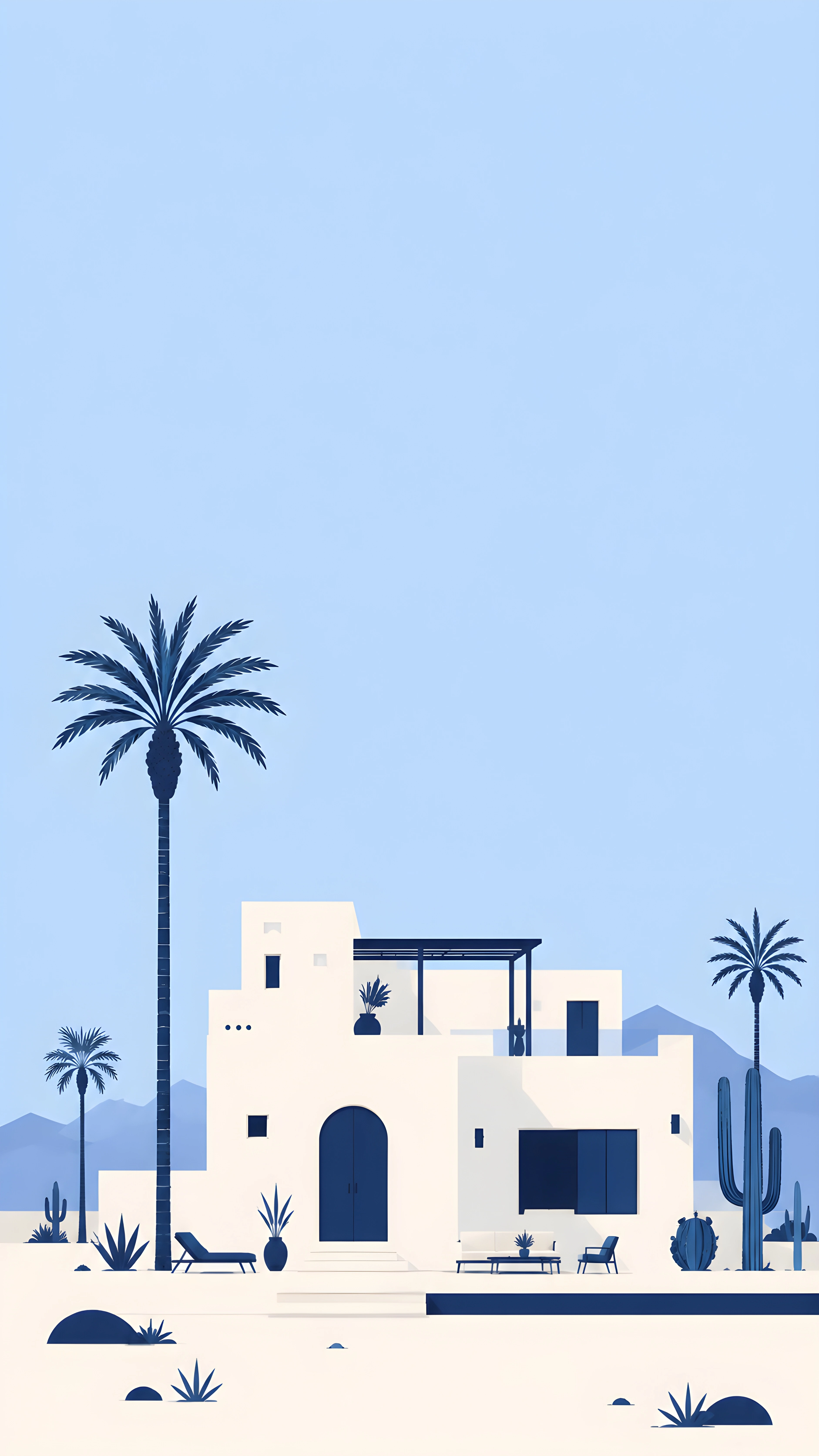 White Desert Villa with Palm Trees – Blue Minimal 4K Wallpaper