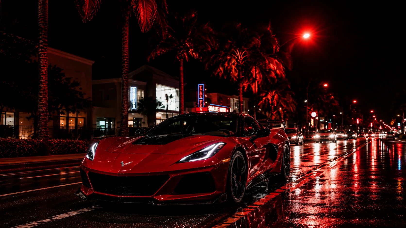 Yellow Corvette Z06 Rainy Night Street – Supercar 4K Wallpaper
