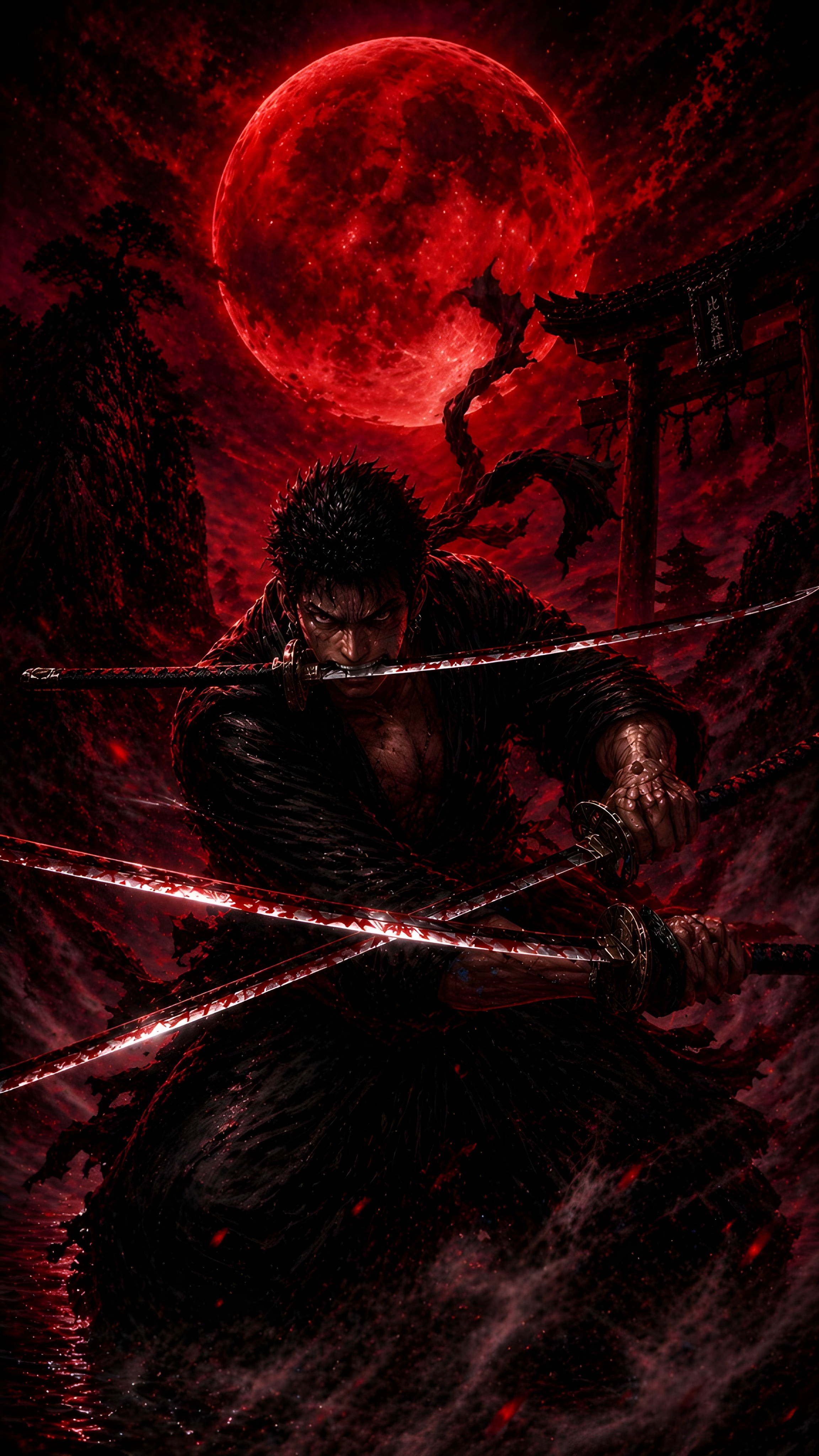 Zoro Three Sword Stance 4K Wallpaper — Crimson Mist